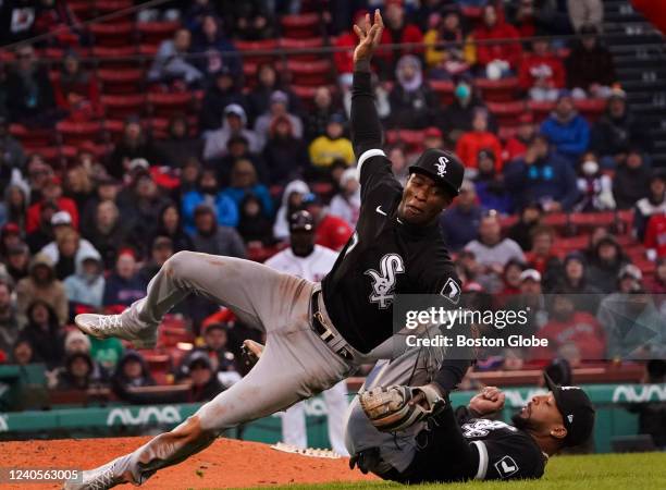 Chicago White Sox second baseman Leury Garcia and Chicago White Sox shortstop Tim Anderson collide while fielding an infield pop up by Boston Red Sox...