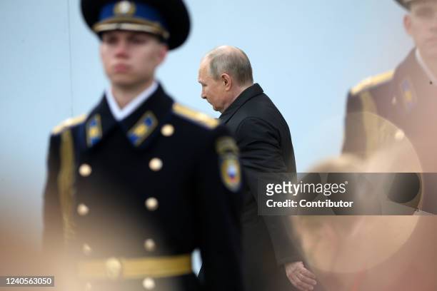 Russian President Vladimir Putin seen during the Victory Day Parade at Red Square on May 9, 2022 in Moscow, Russia. The Red Square military parade...