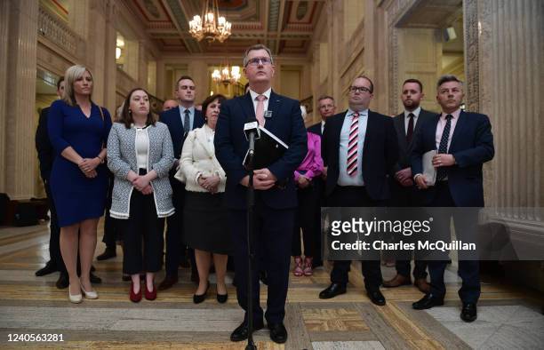 Leader Sir Jeffrey Donaldson holds a press conference in the Great Hall following talks with NI Secretary of State Brandon Lewis at Stormont on May...