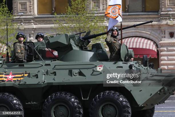 Russian military vehicles roll during the Victory Day Parade at Red Square on May 9, 2022 in Moscow, Russia. The Red Square military parade marking...