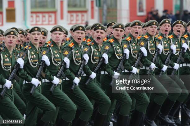 Russian officers march during the Victory Day Parade at Red Square on May 9, 2022 in Moscow, Russia. The Red Square military parade marking the...