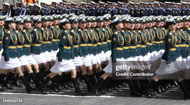 Russian female officers march during the Victory Day Parade at Red Square on May 9, 2022 in Moscow, Russia. The Red Square military parade marking...