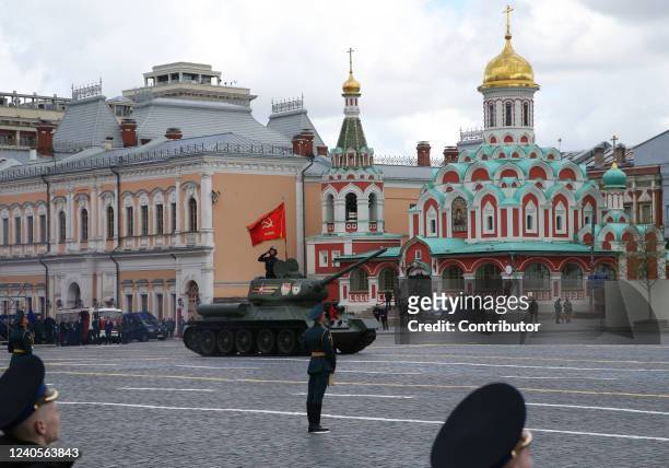 Soviet T-34 tank roll during the Victory Day Parade at Red Square on May 9, 2022 in Moscow, Russia. The Red Square military parade marking the...