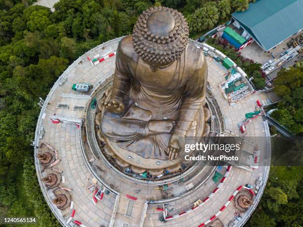 View by drone of the Great Buddha of Ngong Ping, currently under renovation, in Hong Kong, China, on May10, 2022.