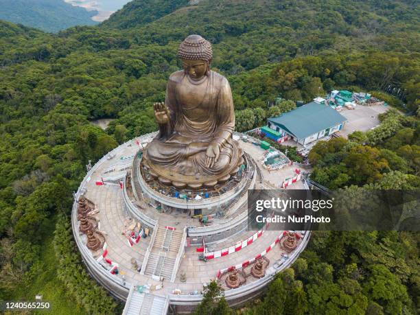 View by drone of the Great Buddha of Ngong Ping, currently under renovation, in Hong Kong, China, on May 10, 2022.