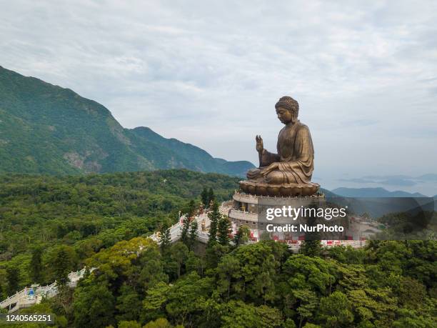 View by drone of the Great Buddha of Ngong Ping, currently under renovation, in Hong Kong, China, on May 10, 2022.