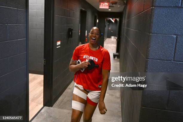 Kia Vaughn of the Atlanta Dream walks on to the court before the game against the Washington Mystics on April 24, 2022 at Gateway Center Arena in...