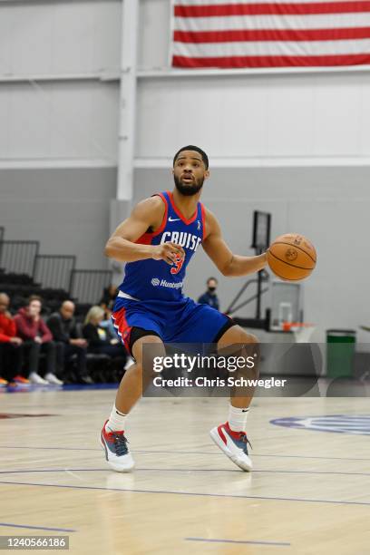 Cassius Stanley of the Motor City Cruise dribbles the ball during the game against the Capital City Go-Go on March 16, 2022 at Wayne State Fieldhouse...