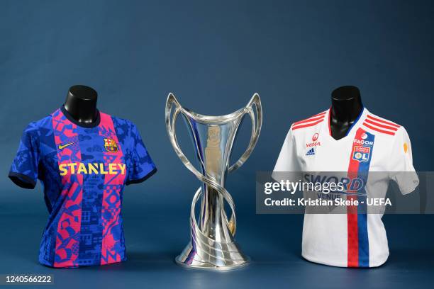 View of the FC Barcelona and Olympique Lyonnais jerseys with the UEFA Women's Champions League trophy during the UEFA Womens Champions League Final...