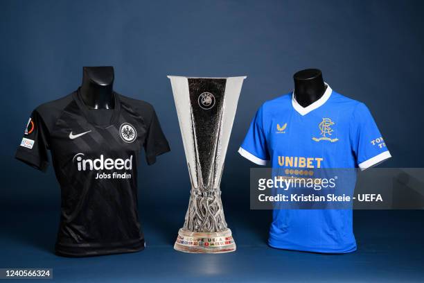 View of the Eintracht Frankfurt and Rangers FC jerseys with the UEFA Europa League trophy during the UEFA Europa League Final 2021/22 Jerseys Shoot...