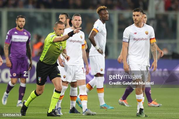Marco Guida referee gestures during the Serie A match between ACF Fiorentina and AS Roma at Stadio Artemio Franchi on May 9, 2022 in Florence, Italy.