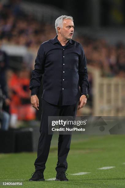 Jose Mourinho manager of AS Roma looks on during the Serie A match between ACF Fiorentina and AS Roma on May 9, 2022 in Florence, Italy.