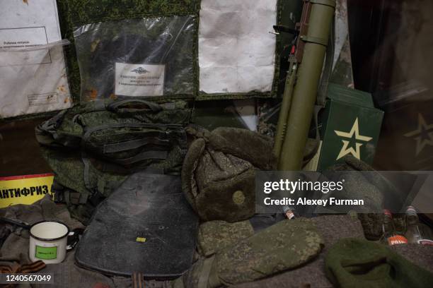 Belongings of Russian soldiers are exhibited at the National Museum of Military History of Ukraine, on May 9, 2022 in Kyiv, Ukraine. This year,...