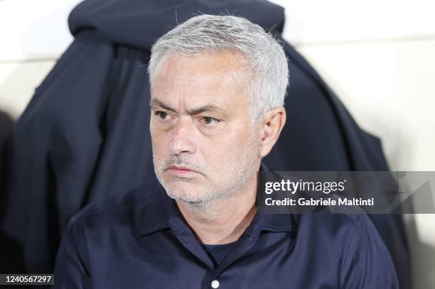 José Mário dos Santos Mourinho Félix manager of AS Roma looks on during the Serie A match between ACF Fiorentina and AS Roma at Stadio Artemio...