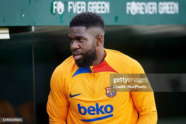 Samuel Umtiti of Barcelona during the La Liga Santander match between Real Betis and FC Barcelona at Estadio Benito Villamarin on May 7, 2022 in...