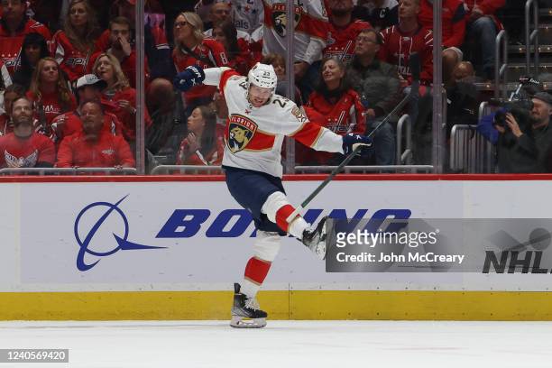 Carter Verhaeghe of the Florida Panthers celebrates a goal against the Washington Capitals in Game Four of the First Round of the 2022 Stanley Cup...