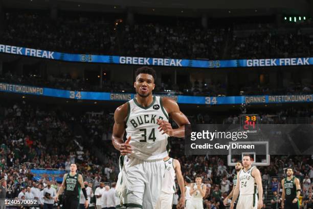 Giannis Antetokounmpo of the Milwaukee Bucks celebrates during Game 4 of the Eastern Conference Semifinals on May 9, 2022 at the Fiserv Forum Center...