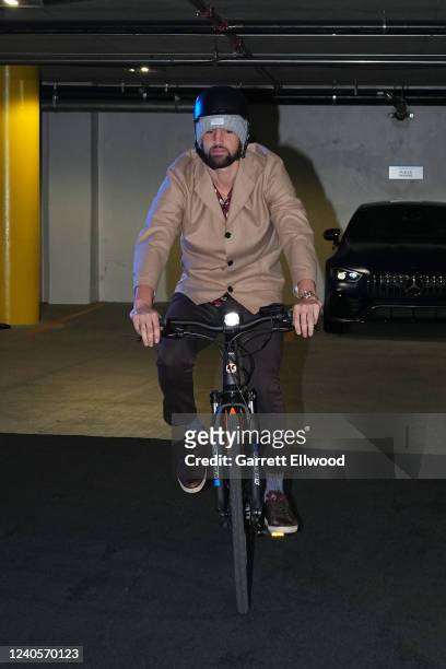 Klay Thompson of the Golden State Warriors arrives to the arena before the game against the Memphis Grizzlies during Game 4 of the 2022 NBA Playoffs...