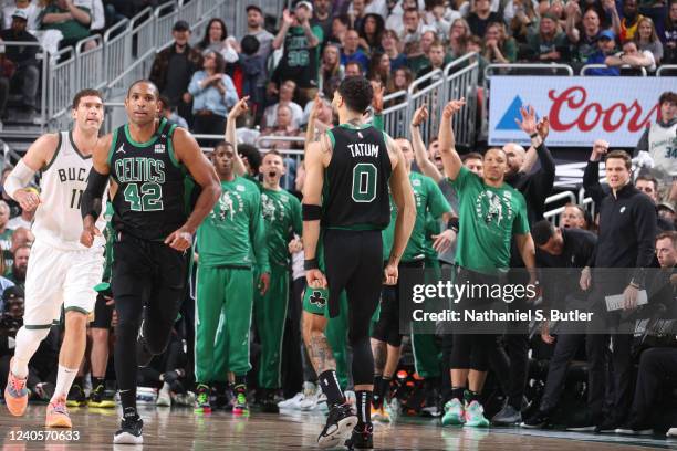 Jayson Tatum of the Boston Celtics celebrates during Game 4 of the 2022 NBA Playoffs Eastern Conference Semifinals on May 9, 2022 at the Fiserv Forum...