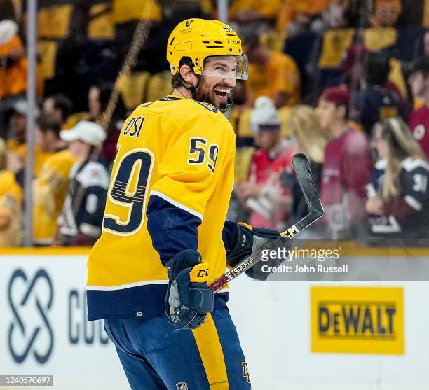 Roman Josi of the Nashville Predators has a laugh during warmups prior to Game Four of the First Round of the 2022 Stanley Cup Playoffs against the...