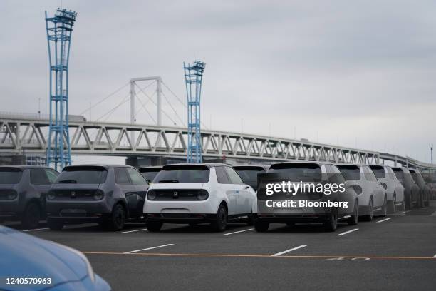 Honda Motor Co. E electric vehicles bound for shipment at a port in Yokohama, Japan, on Monday, May 9, 2022. Honda is scheduled to release earnings...