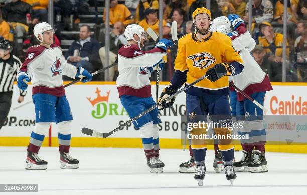 Ryan Johansen of the Nashville Predators skates away from a Colorado Avalanche goal celebration in Game Four of the First Round of the 2022 Stanley...