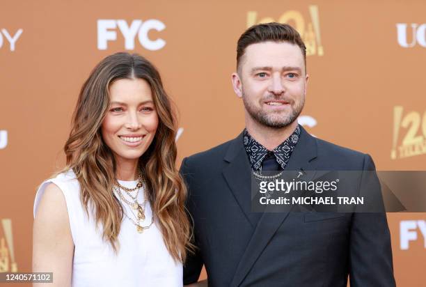 Actress Jessica Biel and husband US singer-songwriter Justin Timberlake arrive for the Los Angeles FYC Premiere Event for Hulu's "Candy" at the EL...