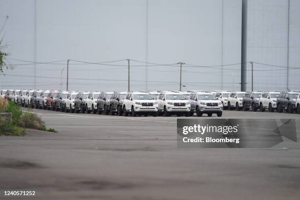 Toyota Motor Corp. Land Cruiser Prado sport utility vehicle bound for shipment at a port in Yokohama, Japan, on Monday, May 9, 2022. Toyota is...