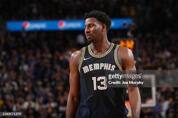 Jaren Jackson Jr. #13 of the Memphis Grizzlies looks on against the Golden State Warriors during Game 4 of the 2022 NBA Playoffs Western Conference...