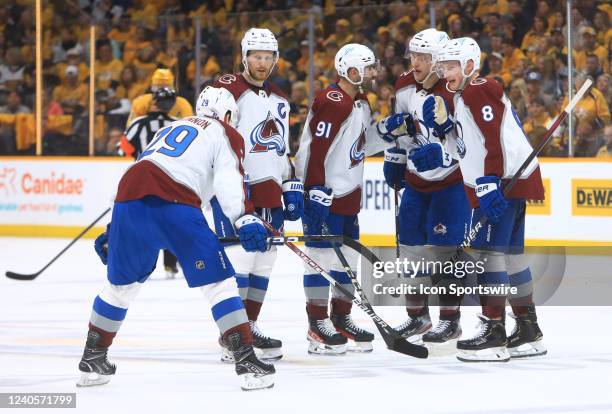 Colorado Avalanche center Nathan MacKinnon , left wing Gabriel Landeskog , center Nazem Kadri , right wing Mikko Rantanen and defenseman Cale Makar...