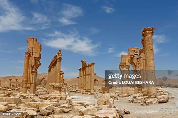 This picture taken on May 9, 2022 shows a view of the remains of the Triumphal Arch of Septimius Severus built during the reign of the 3rd-century...