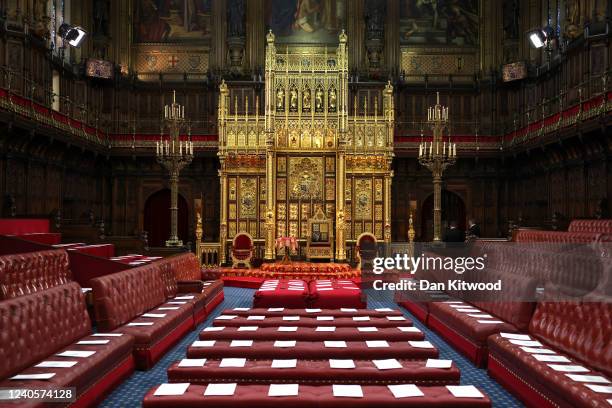 View of the House of Lords chamber showing the Sovereign's Throne removed and replaced with the inch shorter Consort's Throne ahead of the state...