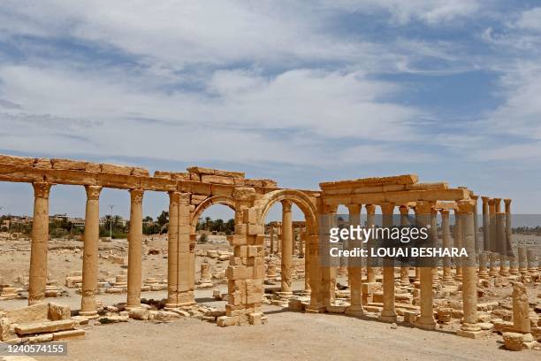 Picture shows the Arch of Triumph, also known as the Monumental Arch, in the ancient Syrian city of Palmyra on May 9, 2022.