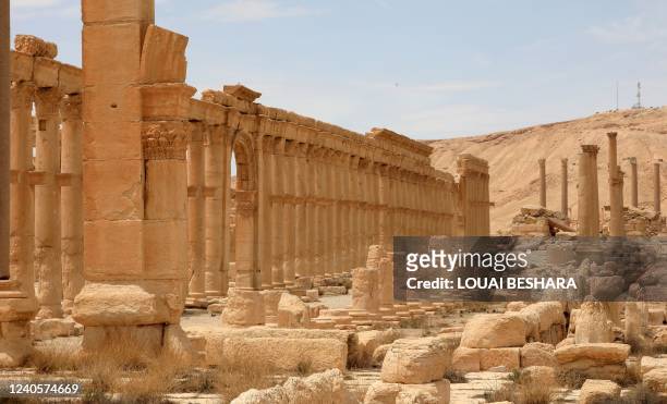 This picture taken on May 9, 2022 shows a view of the Great Colonnade at the ruins of Syria's Roman-era ancient city of Palmyra.