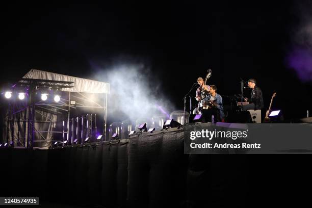 German singer and actor Tom Beck performs on stage at drive-in Autokino Dusseldorf during the Coronavirus crisis on June 01, 2020 in Dusseldorf,...