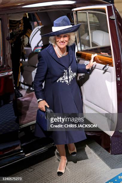 Britain's Camilla, Duchess of Cornwall arrives at the Sovereign's Entrance ahead of the State Opening of Parliament at the Houses of Parliament, in...