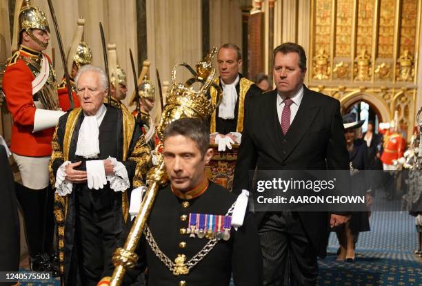 Leader of the House of Commons Mark Spencer walks through the Norman Porch for the State Opening of Parliament at the Houses of Parliament, in...