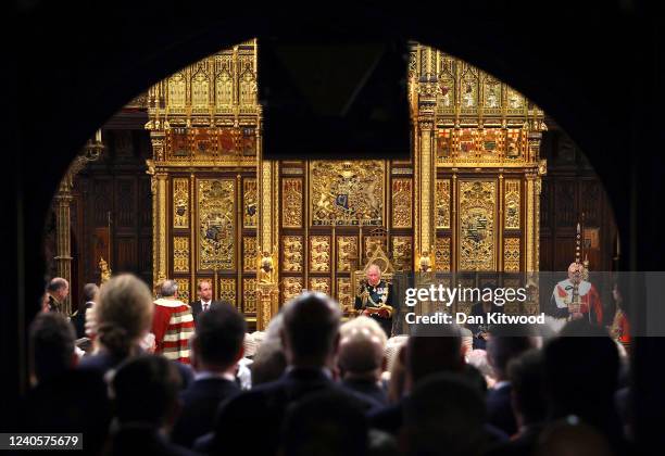 Prince William, Duke of Cambridge and Camilla, Duchess of Cornwall sit as Prince Charles, Prince of Wales delivers the Queen’s Speech during the...