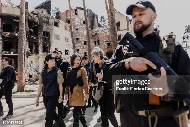 Annalena Baerbock , German Foreign Minister, is pictured during her visit in Ukraine on May 10, 2022 in Irpin, Ukraine. Baerbock is the first member...