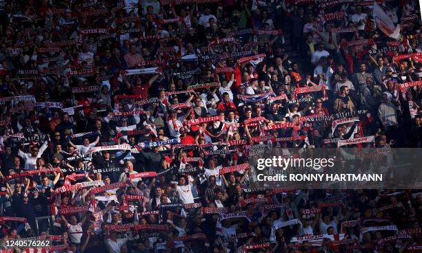 Leipzig's fans show support during the German first division Bundesliga football match between RB Leipzig and FC Augsburg in Leipzig, eastern Germany...