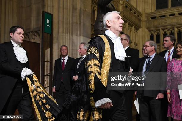 Speaker of the House of Commons Lindsey Hoyle walks through the Central Lobby at the Palace of Westminster ahead of the State Opening of Parliament...