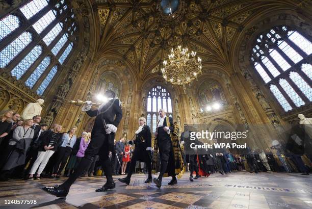 Lady Usher of the Black Rod, Sarah Clarke and Speaker of the House of Commons Lindsey Hoyle walk through the Central Lobby at the Palace of...