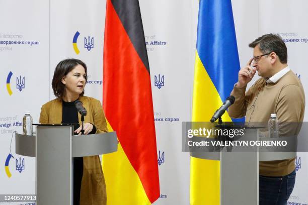 Germany's Foreign Minister Annalena Baerbock speaks during a joint news conference with Ukrainia's Foreign Minister Dmytro Kuleba , in Kyiv, on May...