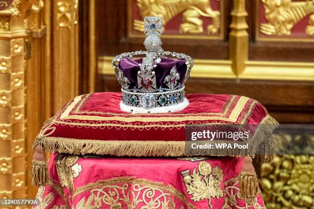 The Imperial Crown pictured as Prince Charles, Prince of Wales reads the Queen's speech in the House of Lords Chamber, during the State Opening of...