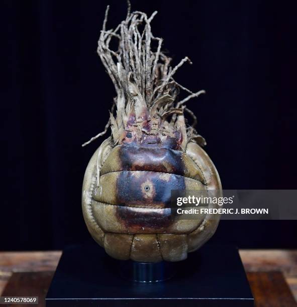 Chuck Noland's distressed Wilson volleyball from the 2000 film 'Castaway' starring Tom Hanks is displayed at Propstore on May 9, 2022 in Valencia,...