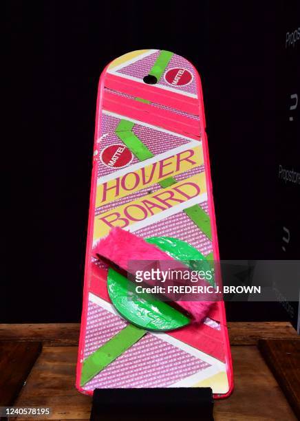 Marty McFly's hoverboard from the 1989 film "Back To The Future Part II" is displayed at Propstore on May 9, 2022 in Valencia, California before...