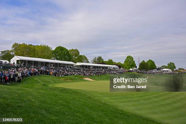 View of the 18th green is seen during the final round of the Wells Fargo Championship at TPC Potomac at Avenel Farm on May 8, 2022 in Potomac,...