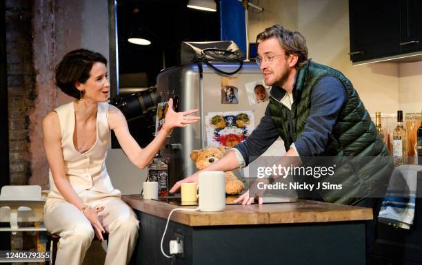 Beatriz Romilly and Tom Felton are seen on stage during the press preview for Danny Robins' hit play '2:22 A Ghost Story' at The Criterion Theatre on...