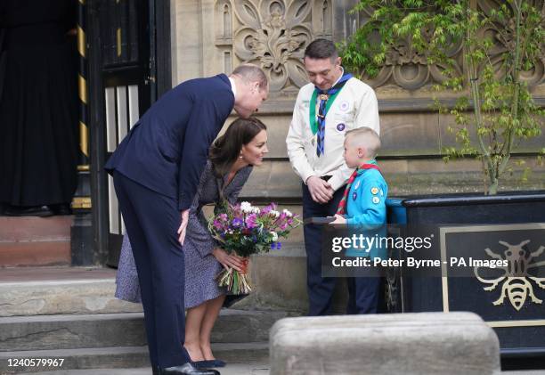 The Duke and Duchess of Cambridge speak to Archie McWilliams, aged 7, from the First Longford Scout Group in Stretford, and his uncle Greater...