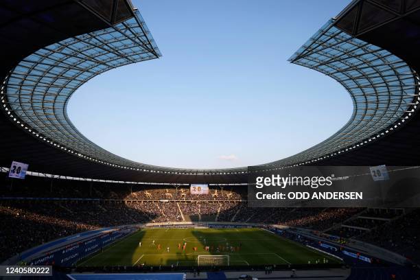 In this file photo taken on March 19, 2022 shows the Olympic Stadium during the German first division Bundesliga football match Hertha BSC Berlin v...